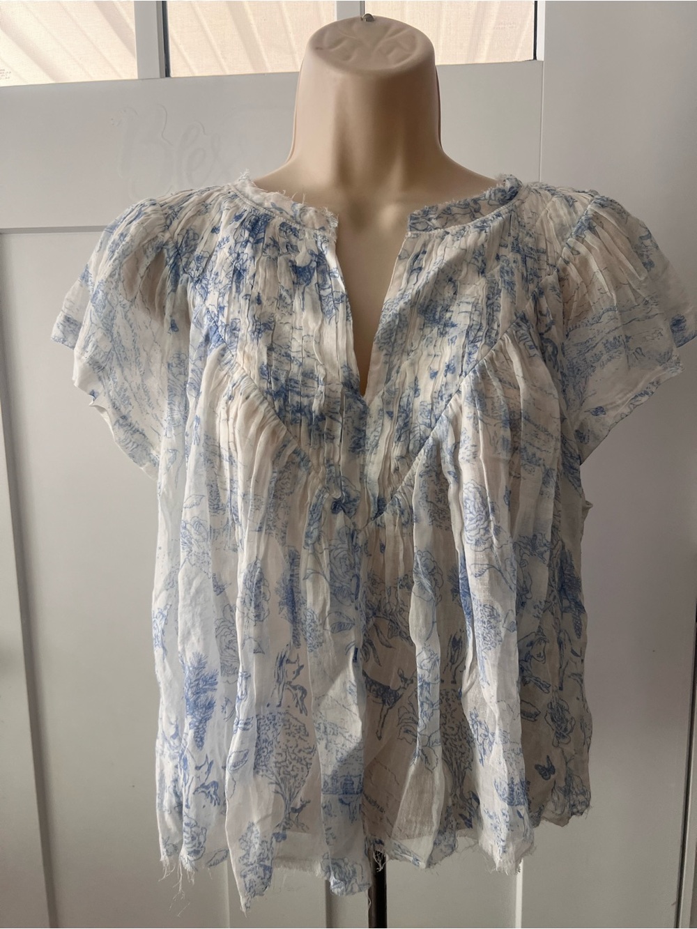 Free People White and Blue Floral Pintuck Smocked Blouse